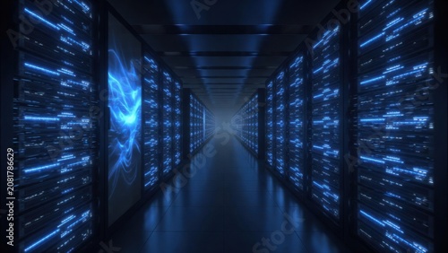 Futuristic Data Center Server Room with Blue Lights