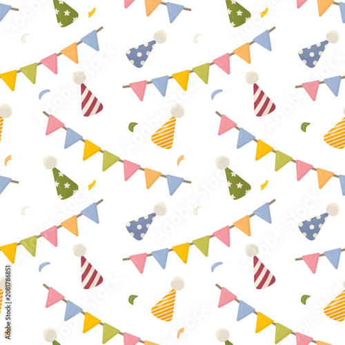 Seamless pattern with party hats, colorful flags and confetti. Vector illustration in soft flat minimal style. Festive background for birthday decor, wrapping paper, cards, textiles and design.