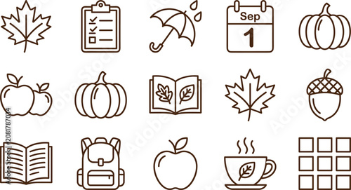 Fotografía Autumn and Back to School Line Icon Set with Pumpkin Maple Leaf and Backpack Sym