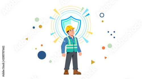 Industrial Construction Worker Standing Under Protective Shield Symbol