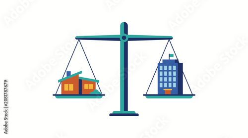 Balance Scale Weighing Residential Home and Commercial Office Building for Real Estate Investment