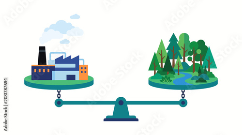 Balance Scale Weighing Industrial Factory Against Lush Forest Ecosystem