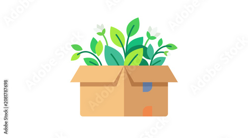 Open Cardboard Delivery Box Overflowing with Lush Green Foliage
