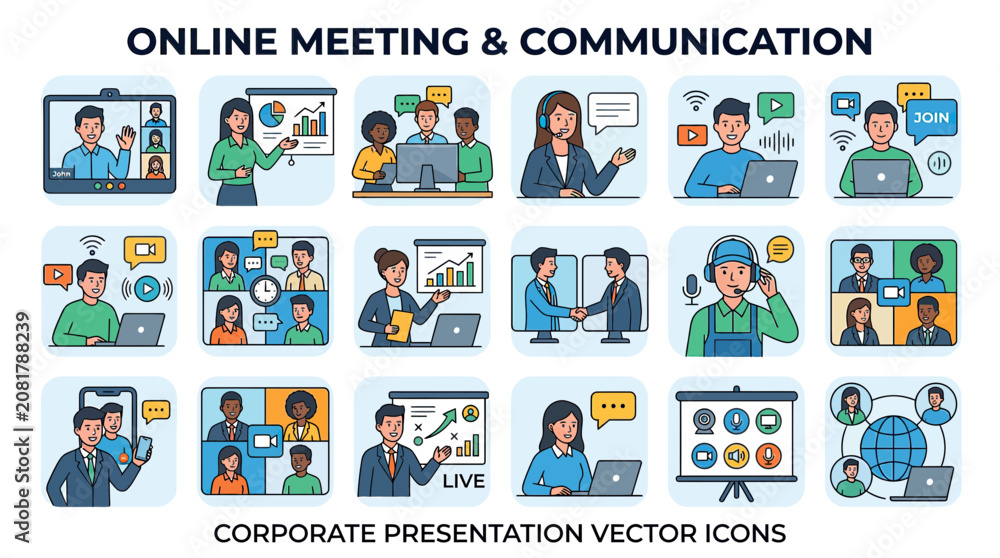 Fototapeta premium Online Meeting and Communication Vector Icons: Business Collaboration and Presentation