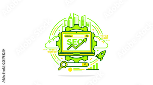 Tableau sur toile SEO Optimization Concept with Laptop, Rocket, and Cityscape