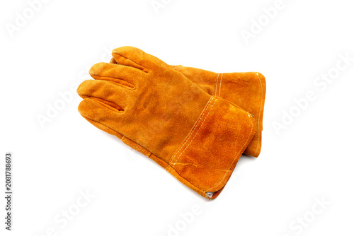 Protective construction gloves on a white background close-up