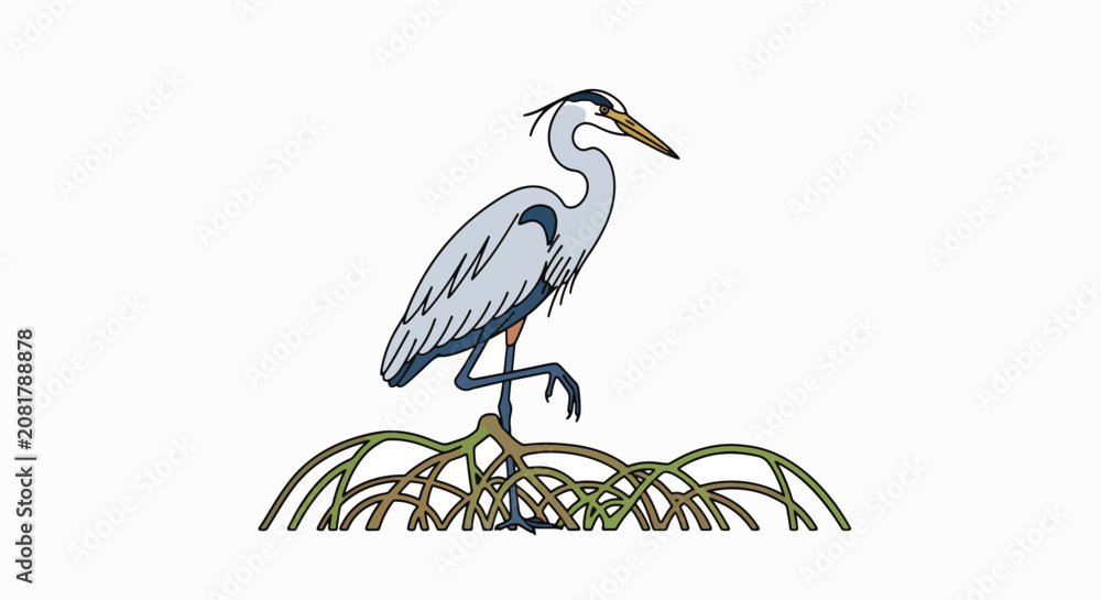 Fototapeta premium Kayaking through a serene mangrove forest with a heron standing on roots