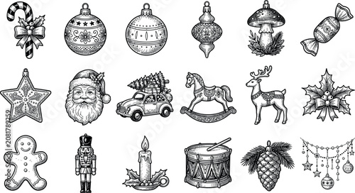 Tableau sur toile Vintage Christmas Ornament Hand Drawn Engraving Style Icon Set with Santa Claus,