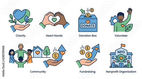 Bilde på lerret Set of charity and nonprofit organization flat vector icons illustrating communi