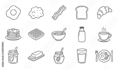 Obraz na płótnie Minimalist breakfast food line icons set, 15 morning meal vector elements, simpl