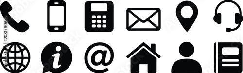 Contact icon featuring phone, email, message, location, and communication symbols for user interface and PNG design elements.