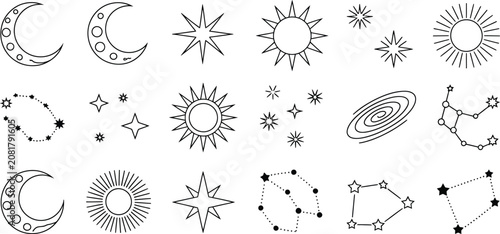 Schilderij op canvas Astronomy Icons, Space Symbols, Celestial Bodies, Star and Planet Vector Graphic