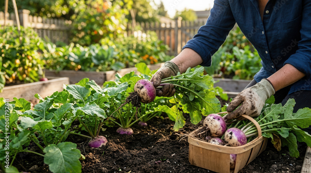 Fototapeta premium Harvesting Fresh Turnips From A Home Garden At Sunset
