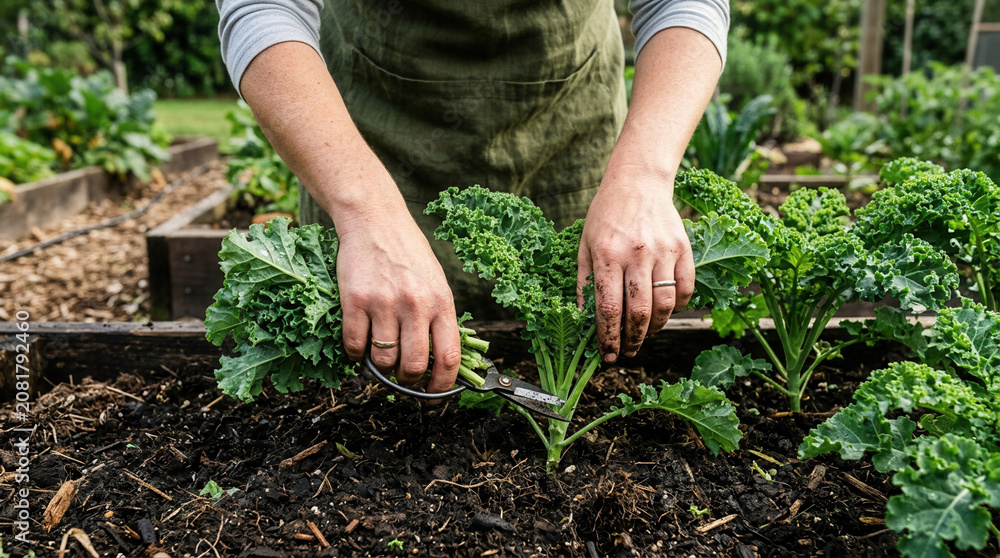 Fototapeta premium Harvesting Fresh Kale From A Raised Garden Bed During Daytime