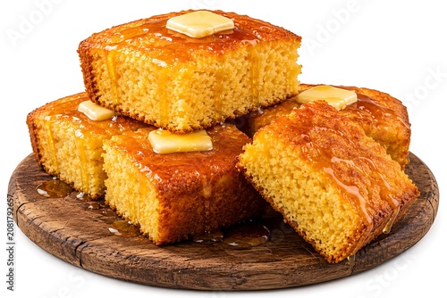 Slices of sweet cornbread with butter on wooden board