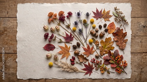 Flat lay composition of various autumn botanical elements including colorful maple leaves, oak leaves, dried flowers, acorns and pinecones