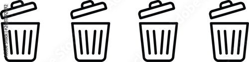 Trash can icon featuring open lid waste bin designs for recycling, garbage disposal, cleanup, sanitation, and user interface applications, vector illustration.