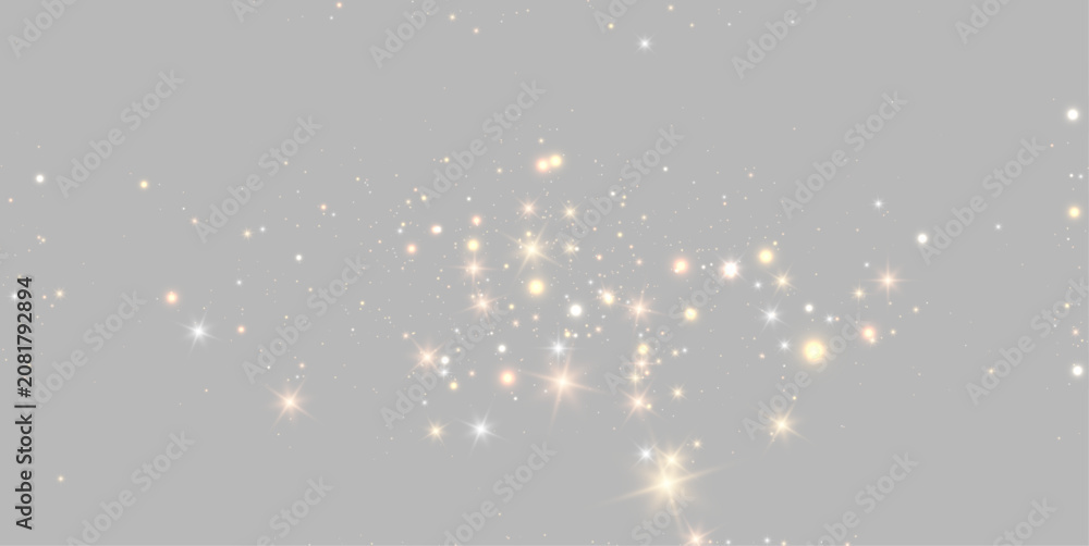 Fototapeta premium Golden Christmas light dust overlay. Glowing sparkling particles shimmer on transparent background. Festive magical bokeh texture for elegant holiday design.