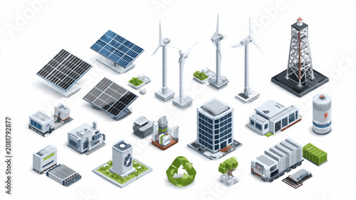Renewable energy technology graphic showing solar panels wind turbines and eco friendly buildings for sustainable development