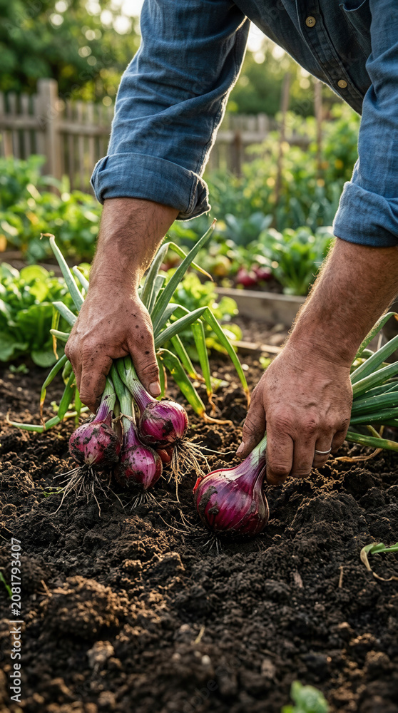 Fototapeta premium Harvesting Fresh Red Onions From A Lush Organic Garden At Sunrise