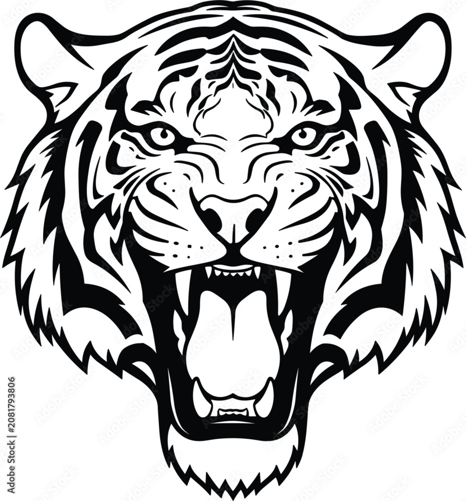 Fototapeta premium Roaring tiger head face line art mascot icon isolated on white background for fierce sports team logo design