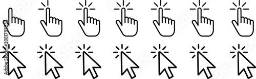 Hand cursor icon featuring click pointer, selection, navigation, touchscreen, and user interface symbols isolated on white background, vector illustration.