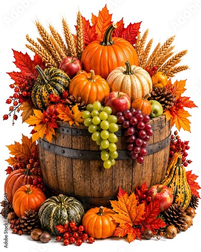 Autumn harvest wooden barrel with pumpkins fruits and leaves