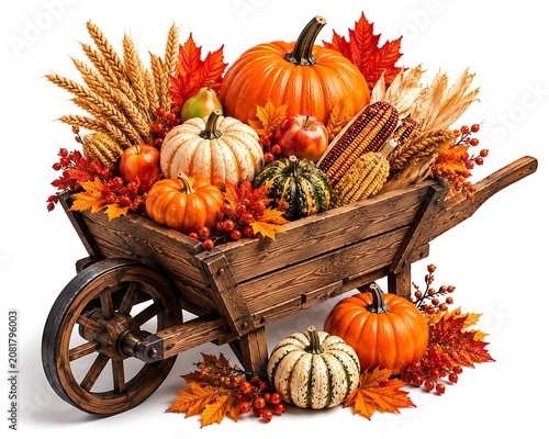 Autumn harvest wheelbarrow with pumpkins and corn  seasonal produce