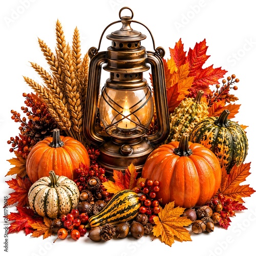 Autumnal still life with lantern pumpkins and leaves arrangement