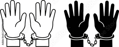 Obraz na plátně Handcuffed hands line art and silhouette icons representing legal arrest or rest