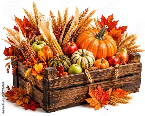 Autumn harvest in a wooden crate overflowing with produce