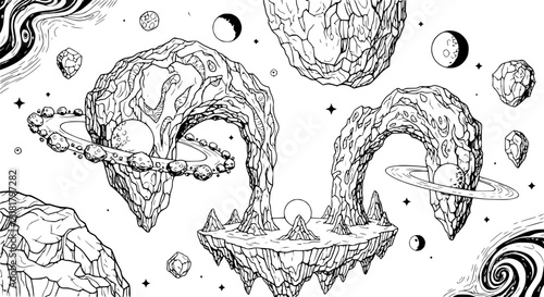 Schilderij op canvas Surreal Cosmic Landscape with Floating Islands and Celestial Bodies
