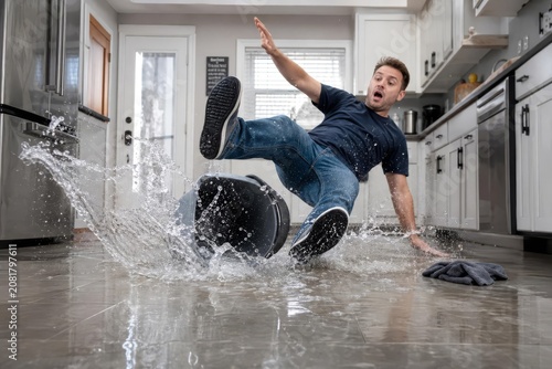 Man Slipping on Wet Floor in Kitchen with Water Bucket Splash