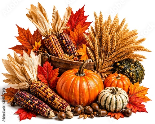 Autumn harvest arrangement with pumpkins and corn on white