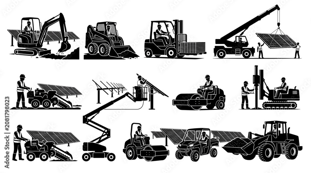 Naklejka premium Solar Farm Construction Equipment Operators Silhouette Set Heavy Machinery Vector Collection