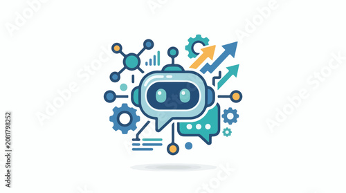 A friendly robot head connected to gears charts and arrows