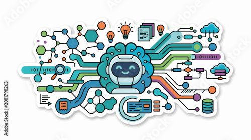 A friendly robot face at the center of a neural network connected to data streams