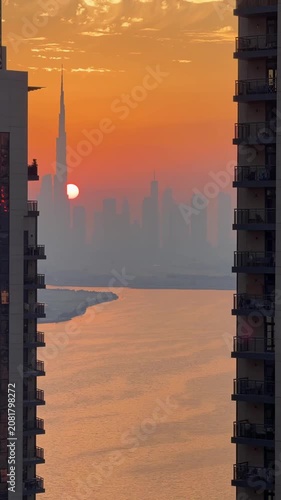 Golden sunset time lapse over Downtown Dubai skyline with Burj Khalifa viewed across Dubai Creek. Warm evening light follows a hot summer day, creating a dramatic urban landscape