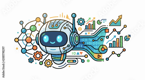 A friendly robot head is surrounded by data charts and connections