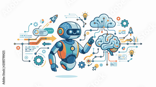 A friendly robot interacts with a digital brain and cloud network
