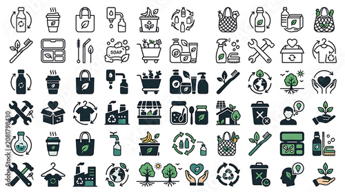 Sustainability icons illustrate eco-friendly practices and the circular economy through various household and shopping habits.