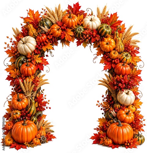 Fall wreath with pumpkins and leaves isolated on white background