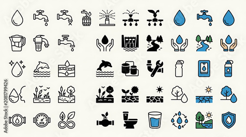Icons depicting water management and conservation are arranged in a grid to illustrate fluid resource usage and plumbing technology.