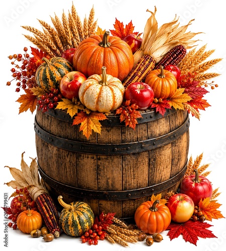 Autumn harvest wooden barrel with pumpkins  apples and corn