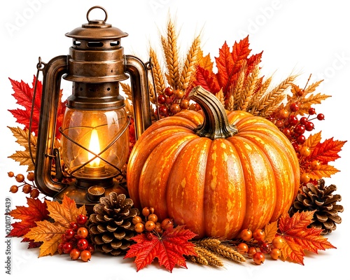 Autumn still life with pumpkin lantern leaves and berries