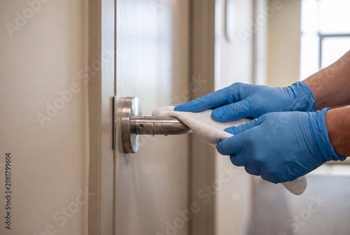Person cleaning and disinfecting a door handle with a cloth