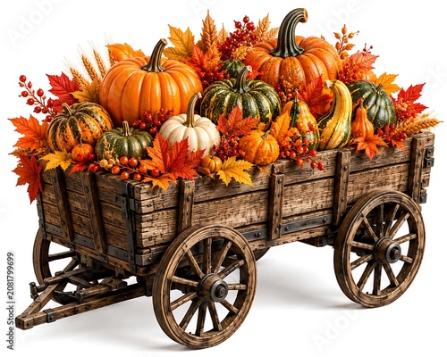 Autumn harvest wagon with pumpkins and leaves