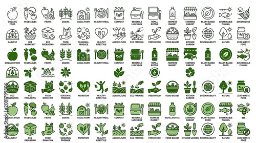 Sustainable food icons showcase organic farming methods and healthy consumption habits in a collection.