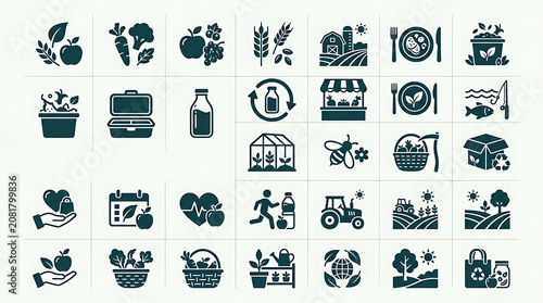 Sustainable agriculture icons depict organic farming and healthy food choices for a balanced lifestyle.
