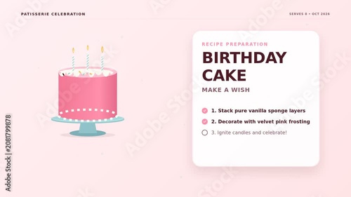Birthday cake with frosting ribbon and candles lighting up on pastel pedestal. 3D animation with pink tones and sparkling lights. Celebratory video for social media and greeting cards